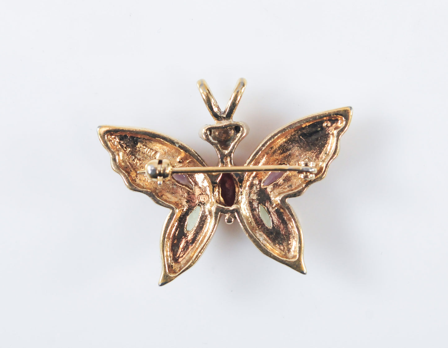 Signed Gold Over Sterling Silver Gemstone Butterfly Pendant Brooch