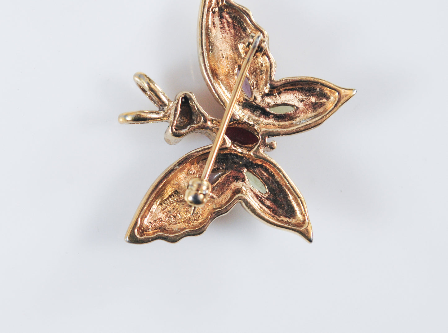 Signed Gold Over Sterling Silver Gemstone Butterfly Pendant Brooch