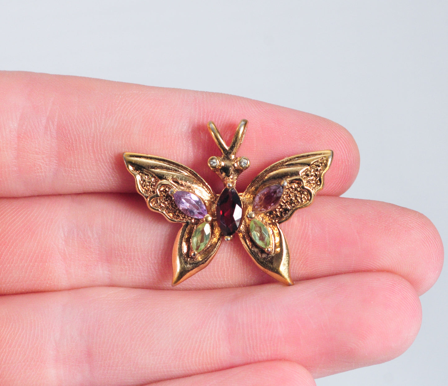 Signed Gold Over Sterling Silver Gemstone Butterfly Pendant Brooch