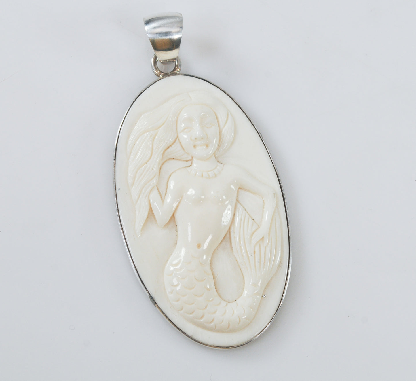Charles Albert Fine Silver Carved Bone Mermaid Pendant