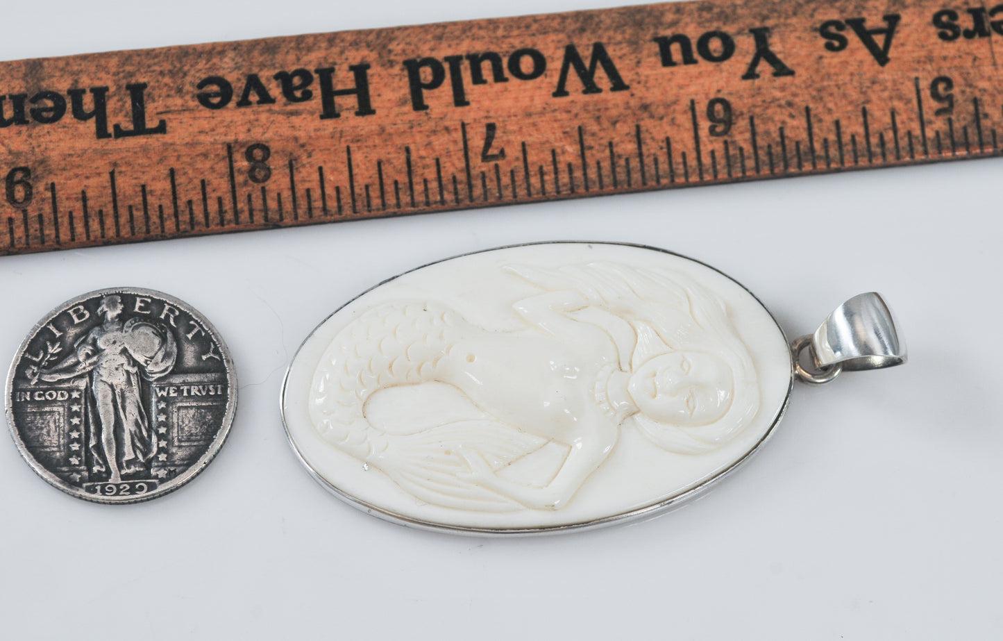 Charles Albert Fine Silver Carved Bone Mermaid Pendant