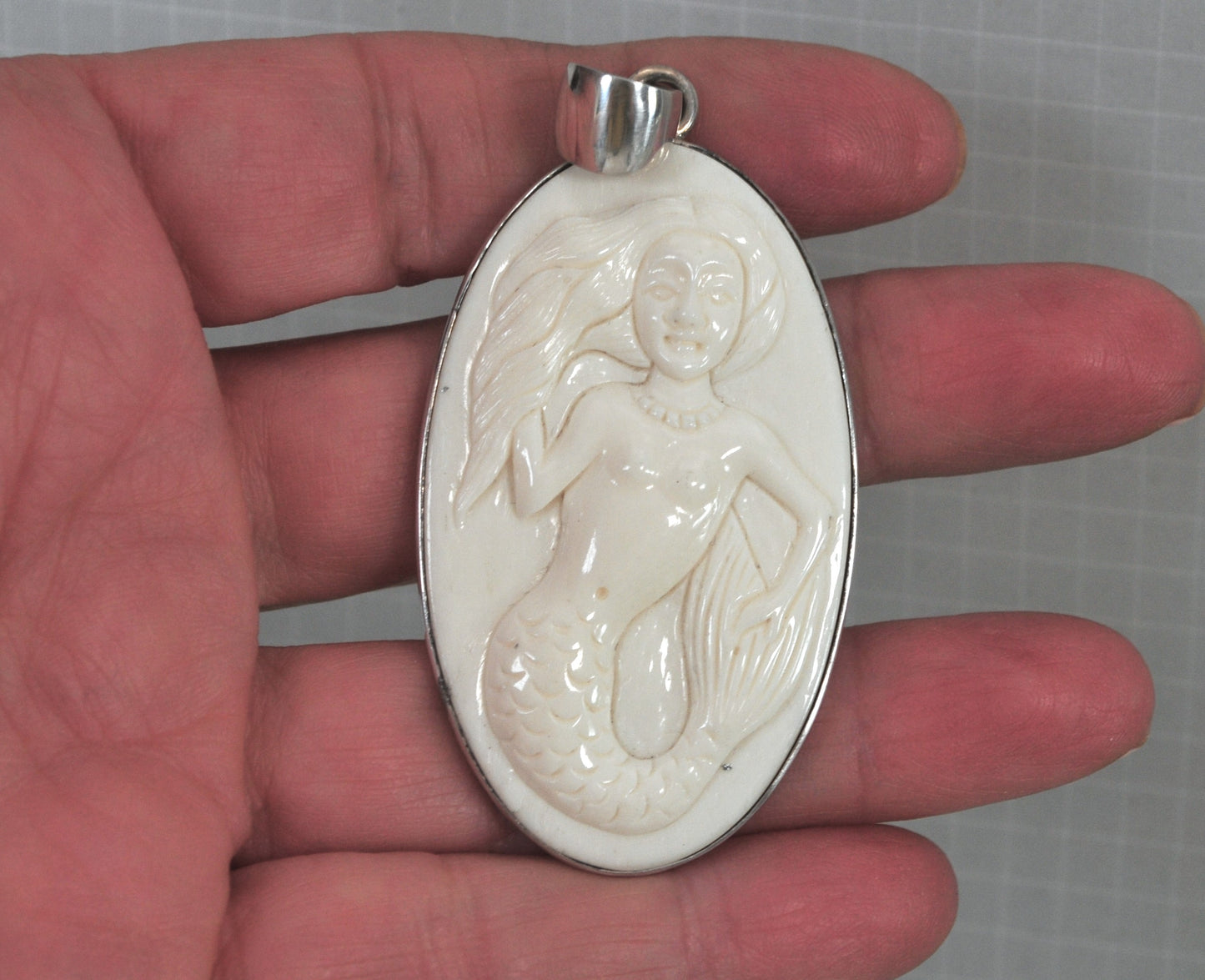 Charles Albert Fine Silver Carved Bone Mermaid Pendant