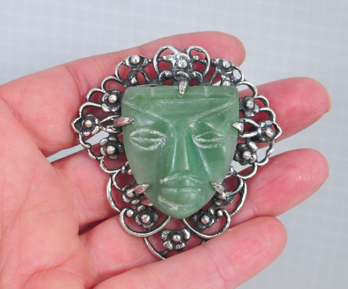 Vintage Sterling Silver Carved Jade Face Brooch