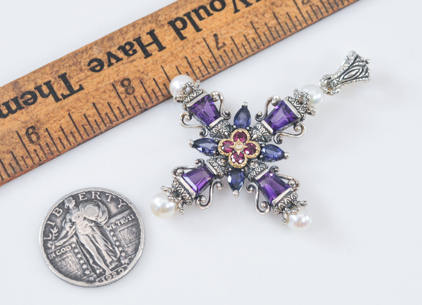 Barbara Bixby Sterling Silver 18K Gold Amethyst Pearl Cross Enhancer Pendant