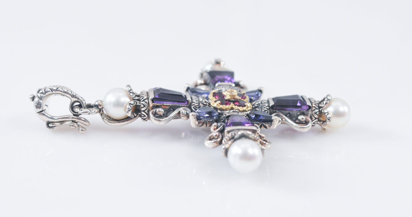 Barbara Bixby Sterling Silver 18K Gold Amethyst Pearl Cross Enhancer Pendant