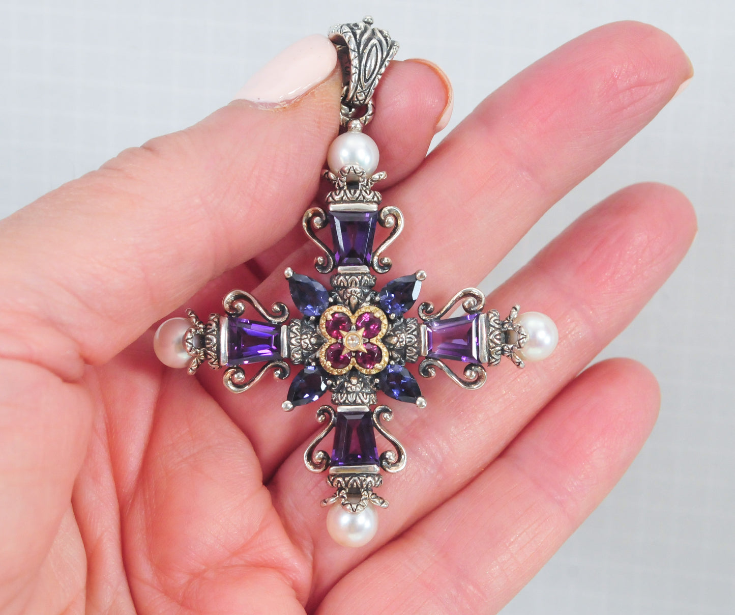 Barbara Bixby Sterling Silver 18K Gold Amethyst Pearl Cross Enhancer Pendant