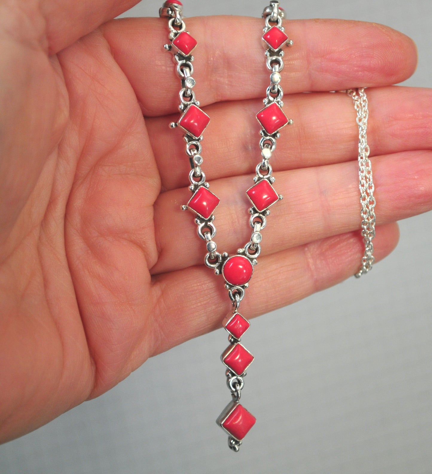 Adjustable Sterling Silver Red Coral Choker Necklace