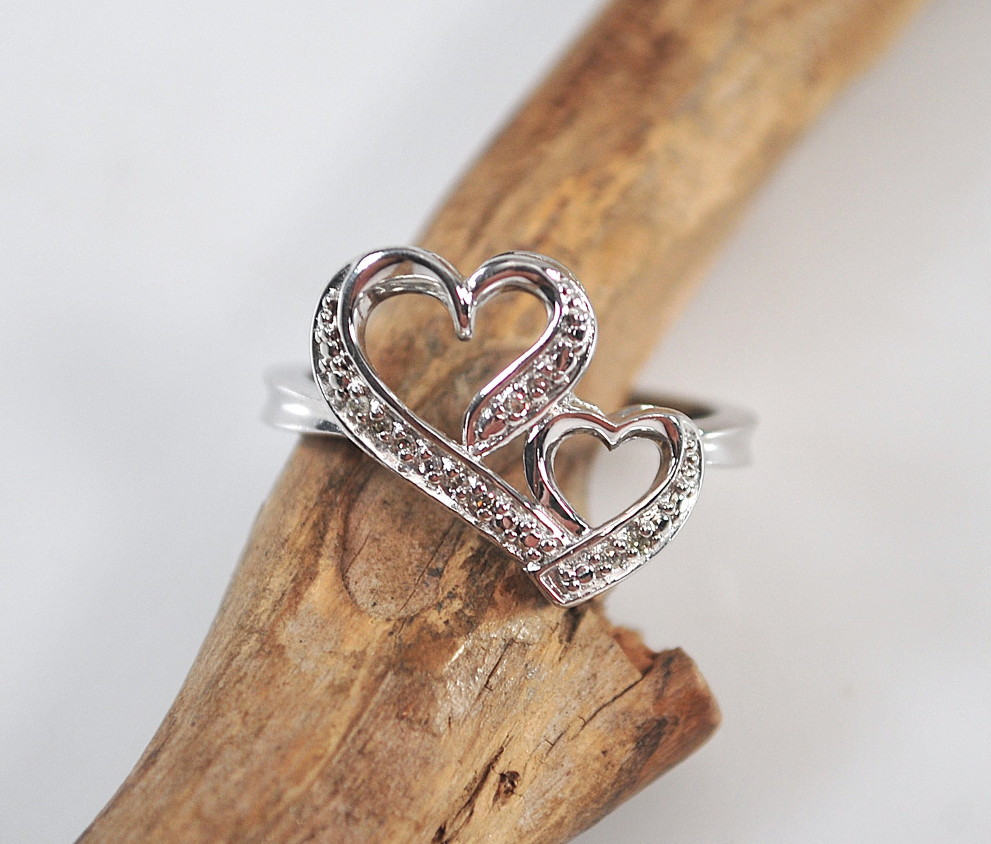 Sterling Silver Genuine Diamond Double Heart Ring