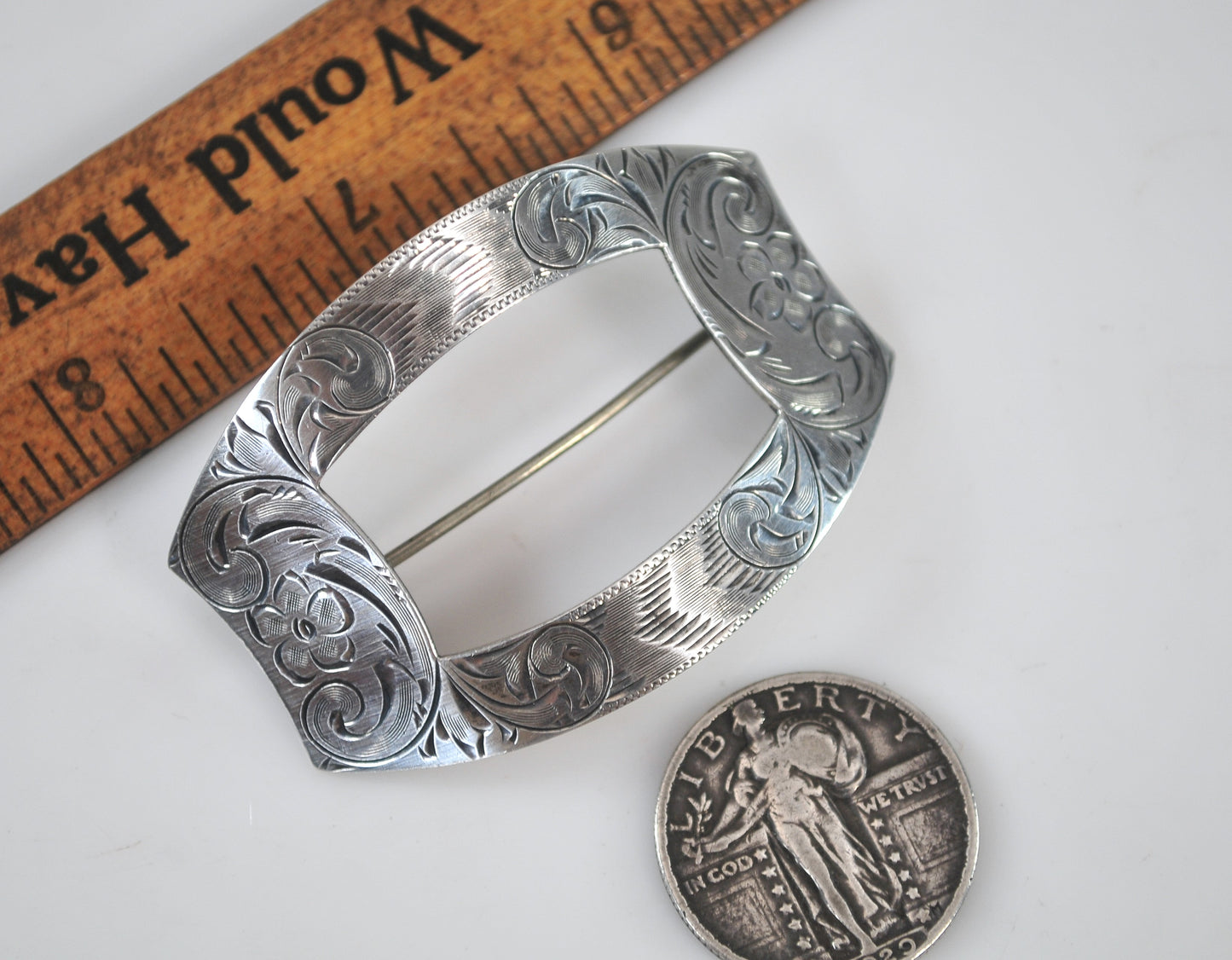 Antique Signed Sterling Silver Belt Sash Buckle Brooch