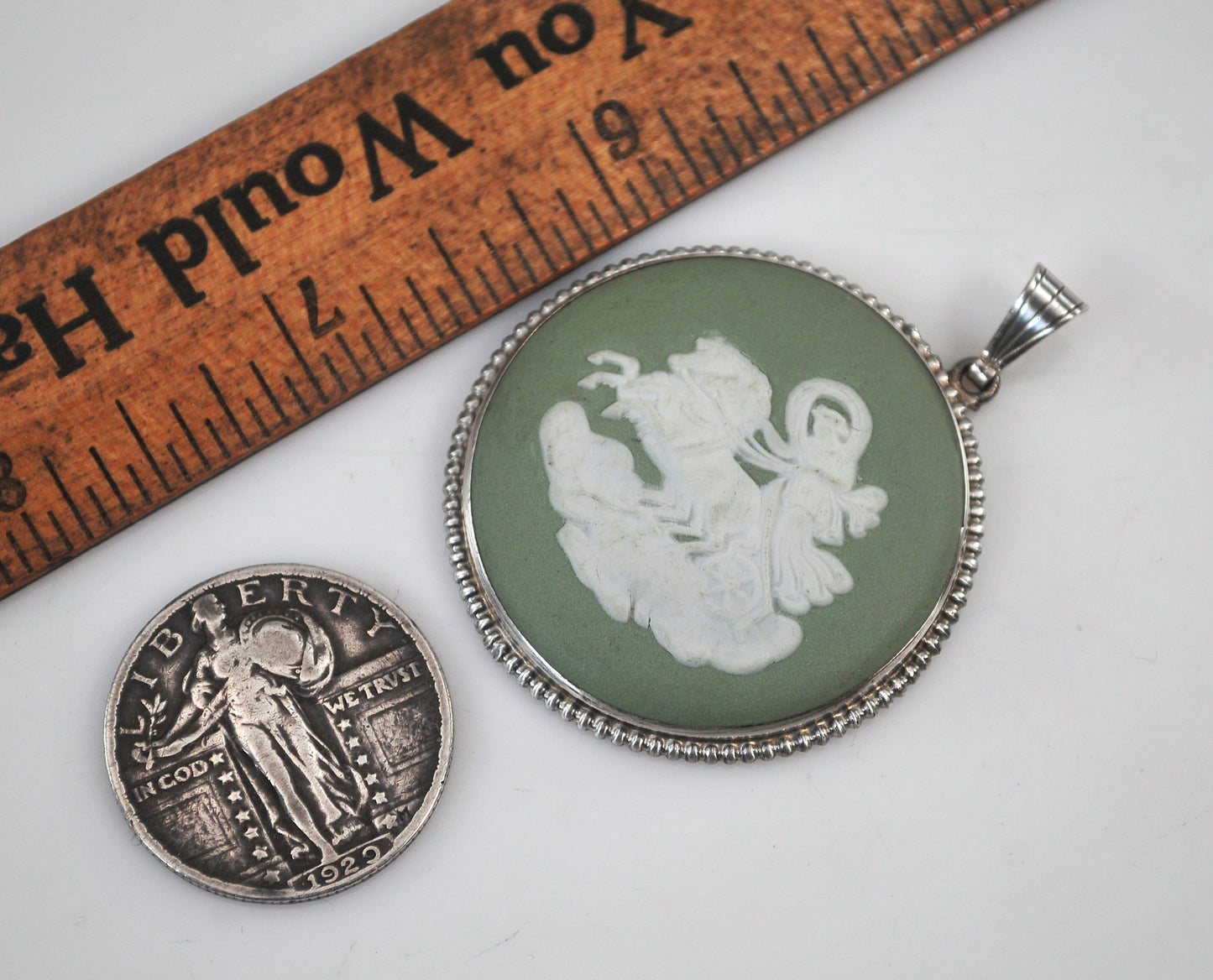 Vintage Wedgwood Sterling Silver Green Jasperware Chariot Pendant