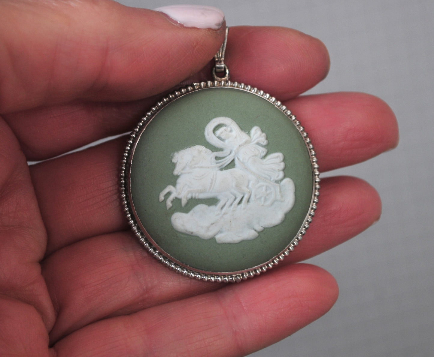 Vintage Wedgwood Sterling Silver Green Jasperware Chariot Pendant