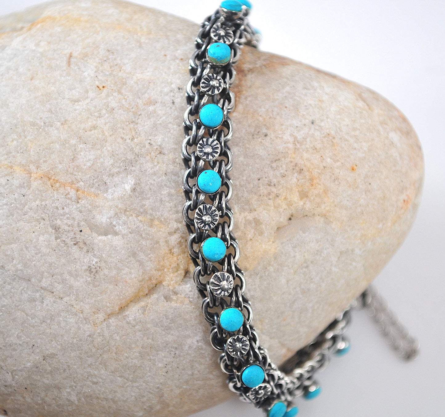 Vintage Old Mexico Sterling Silver Turquoise Mesh Bracelet