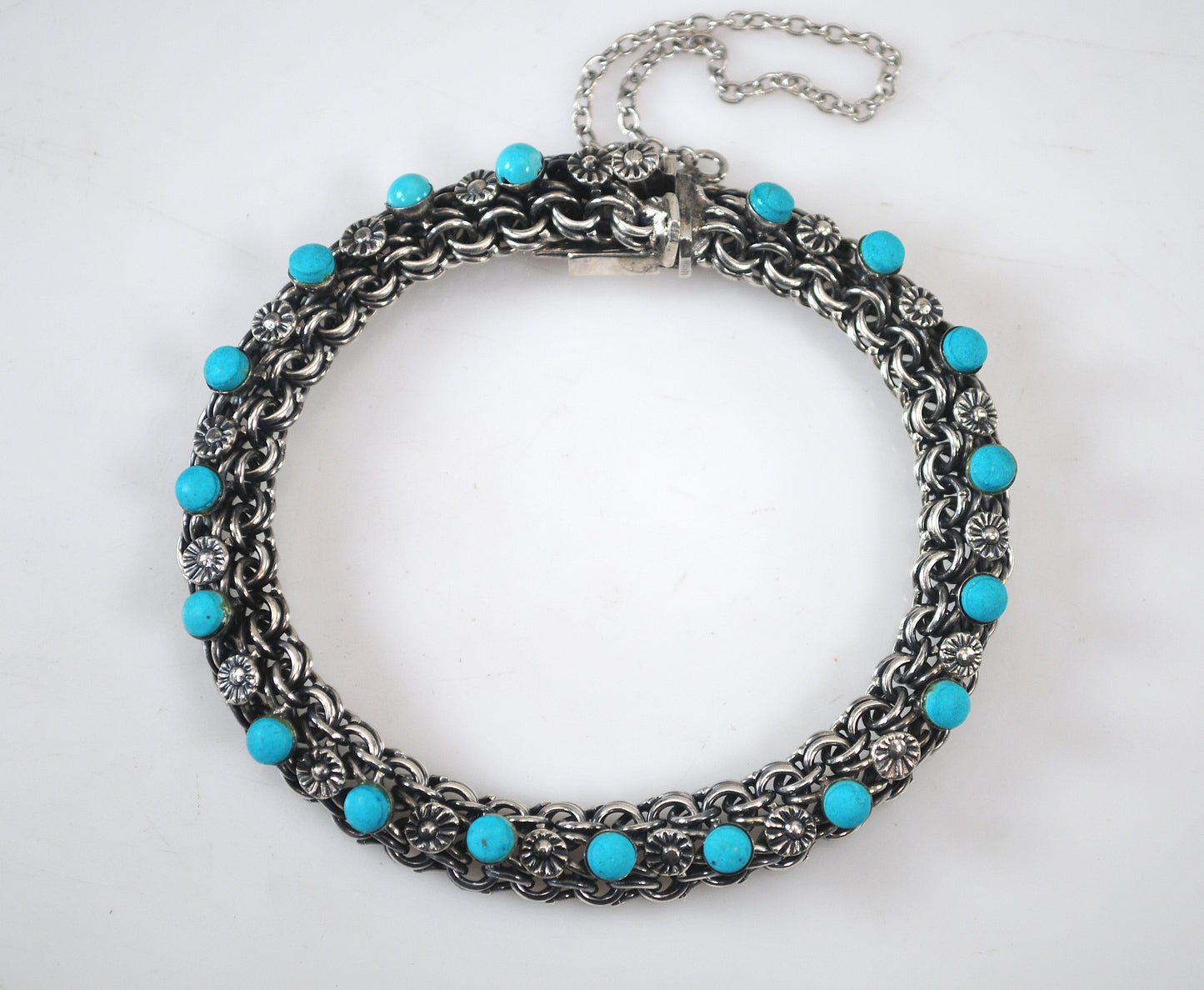 Vintage Old Mexico Sterling Silver Turquoise Mesh Bracelet