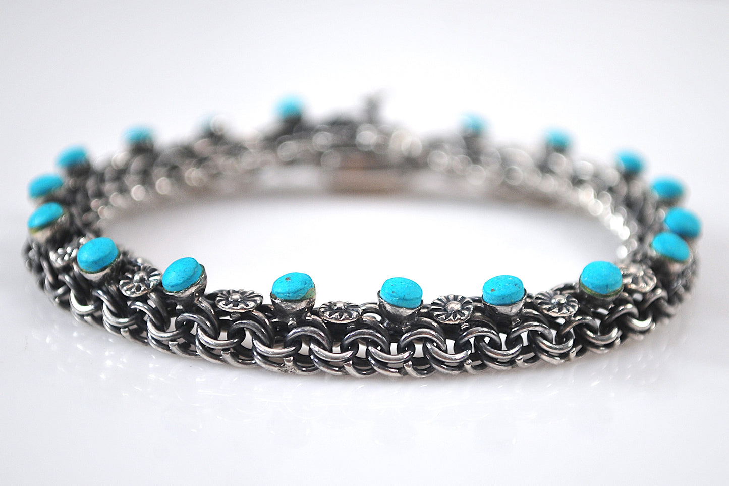 Vintage Old Mexico Sterling Silver Turquoise Mesh Bracelet