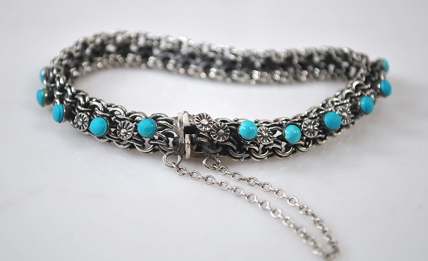 Vintage Old Mexico Sterling Silver Turquoise Mesh Bracelet