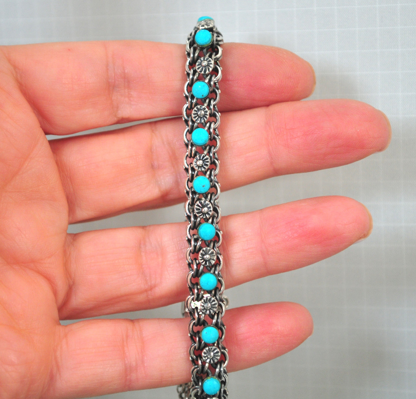 Vintage Old Mexico Sterling Silver Turquoise Mesh Bracelet