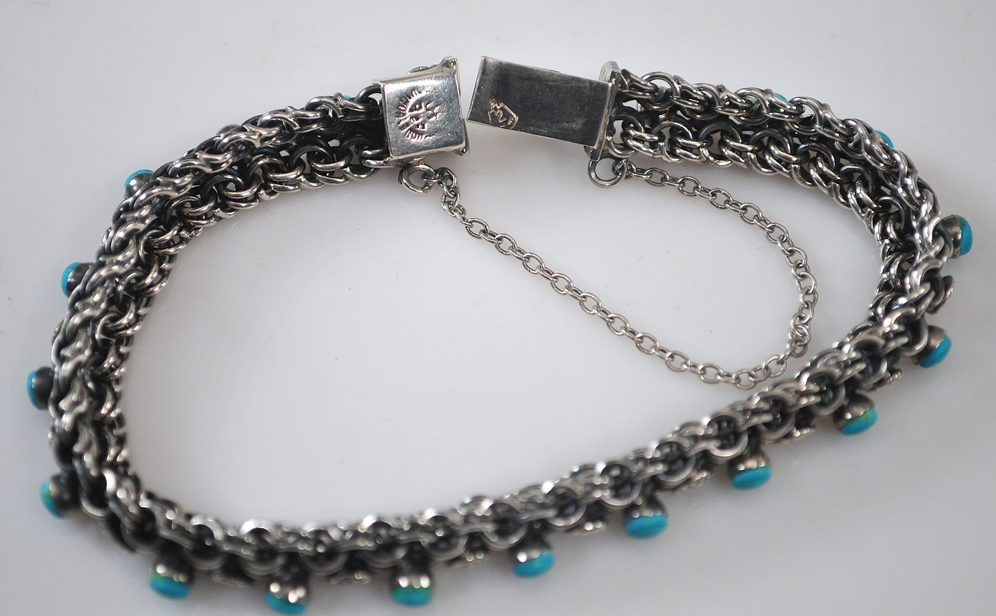 Vintage Old Mexico Sterling Silver Turquoise Mesh Bracelet