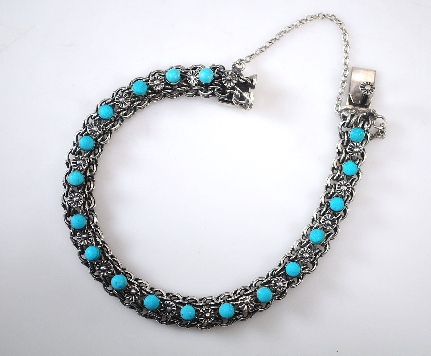Vintage Old Mexico Sterling Silver Turquoise Mesh Bracelet