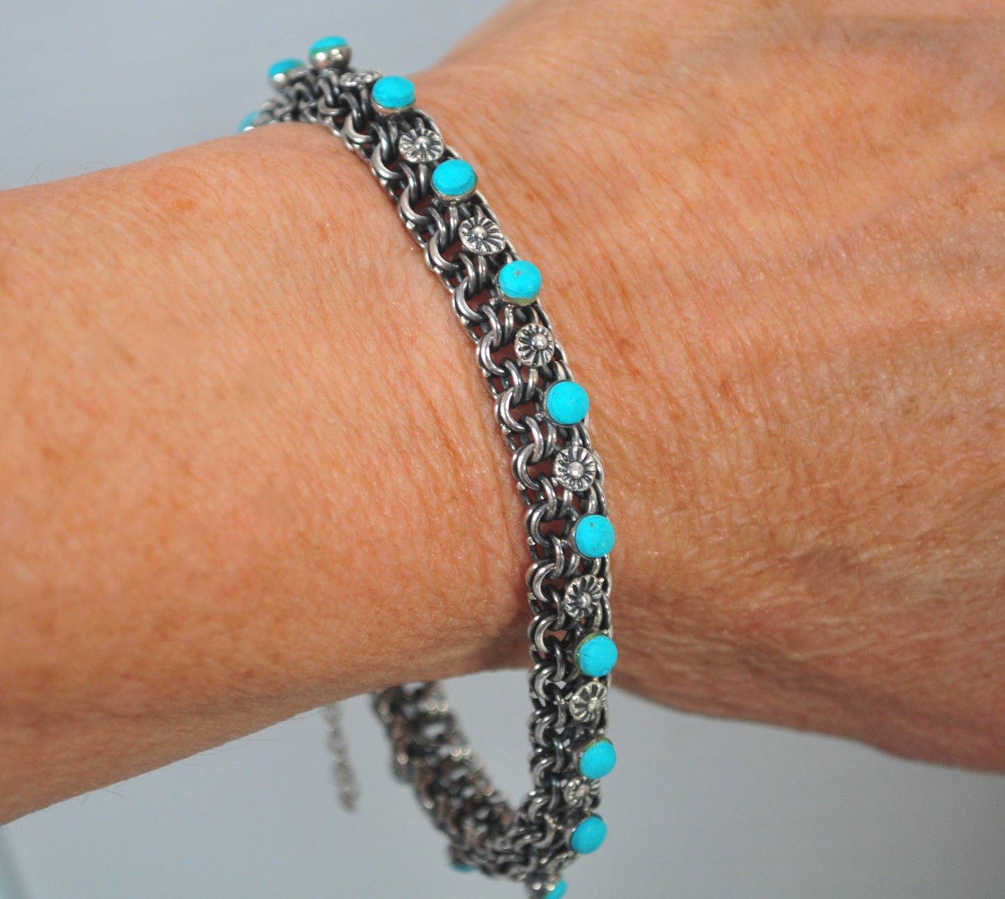 Vintage Old Mexico Sterling Silver Turquoise Mesh Bracelet