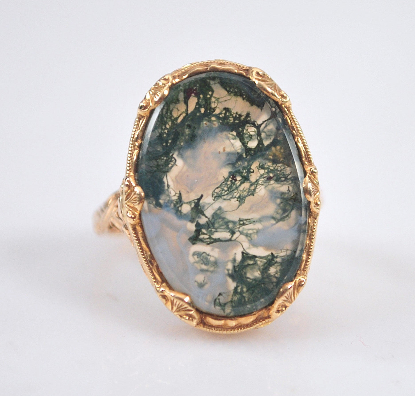 Antique 10K Moss Agate Ring