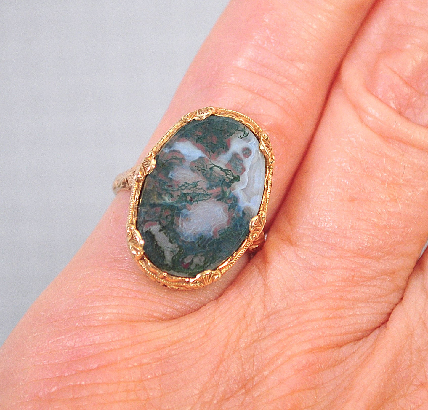 NOT AVAILABLE - Reserved for M - Antique 10K Gold Moss Agate Ring