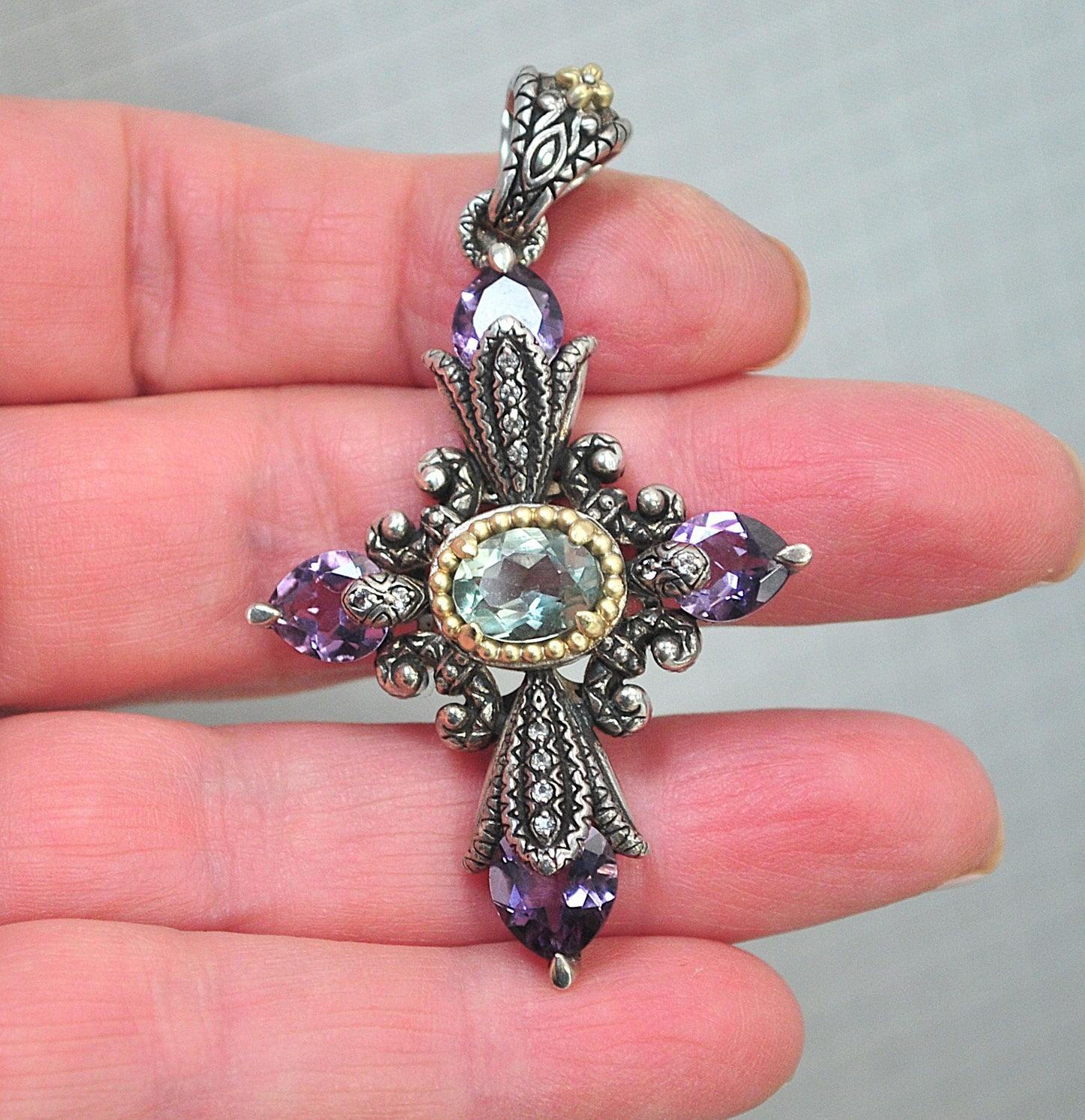 Barbara Bixby Sterling Silver 18K Gold Amethyst Cross Enhancer Pendant