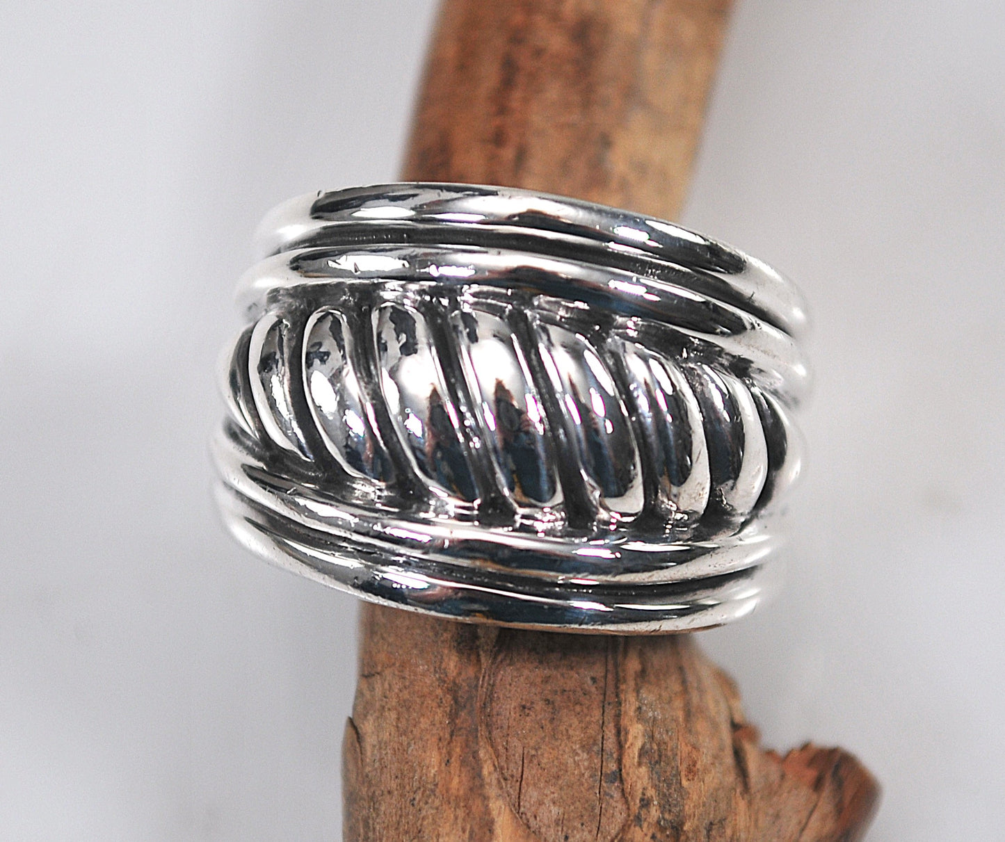 Wide Ribbed Sterling Silver Cigar Band Ring