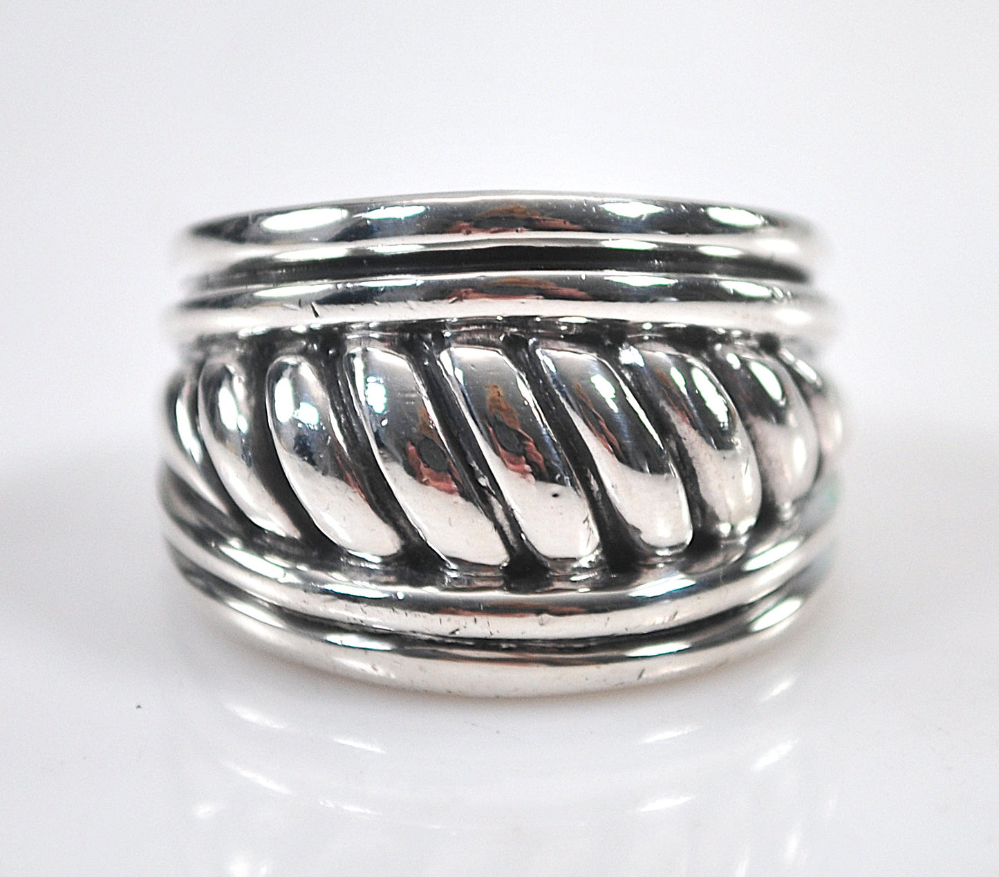 Wide Ribbed Sterling Silver Cigar Band Ring