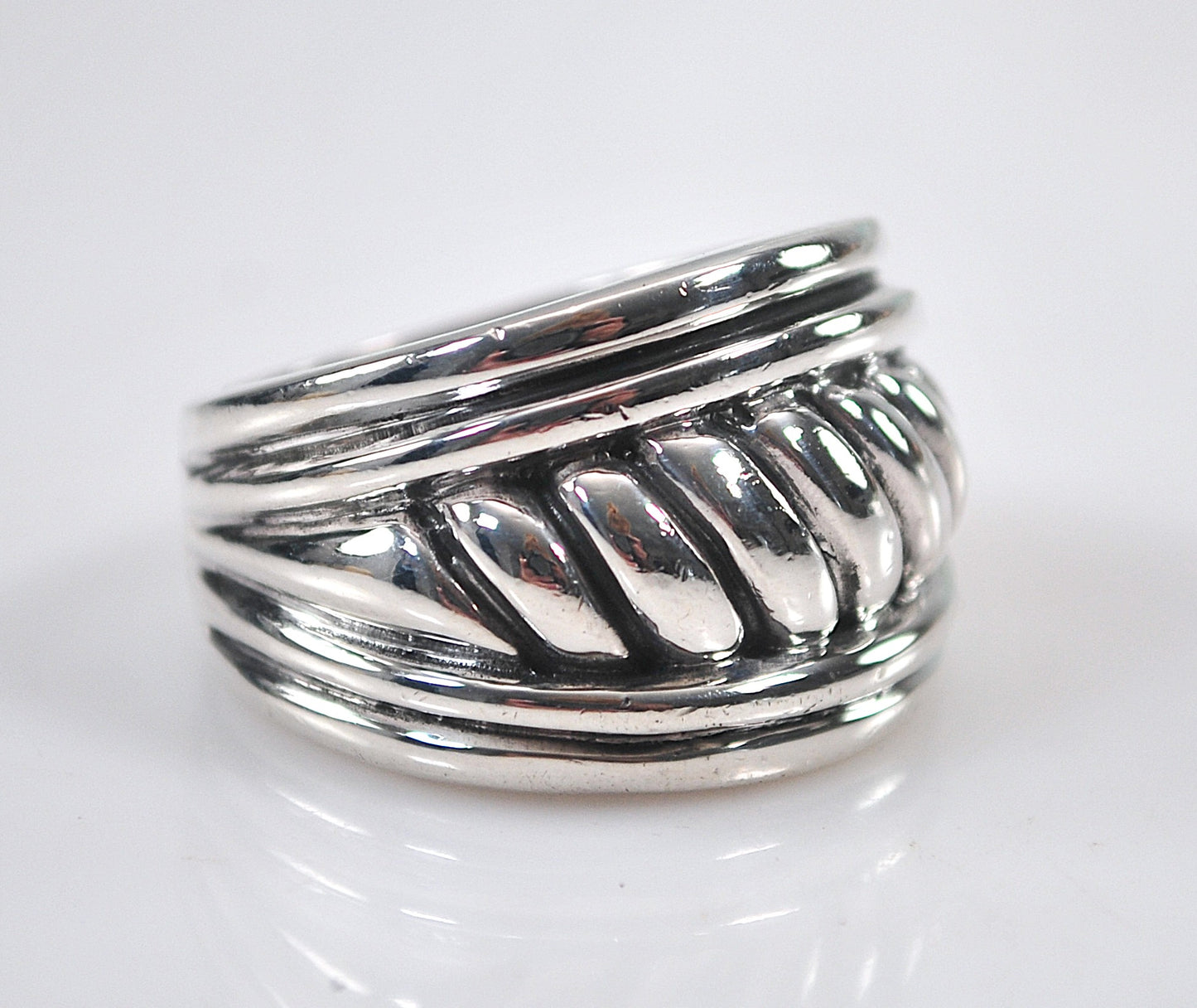 Wide Ribbed Sterling Silver Cigar Band Ring