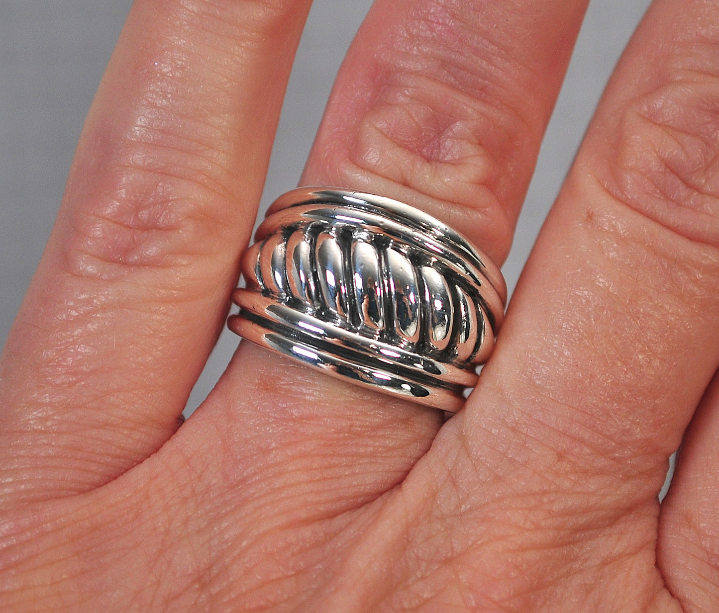 Wide Ribbed Sterling Silver Cigar Band Ring