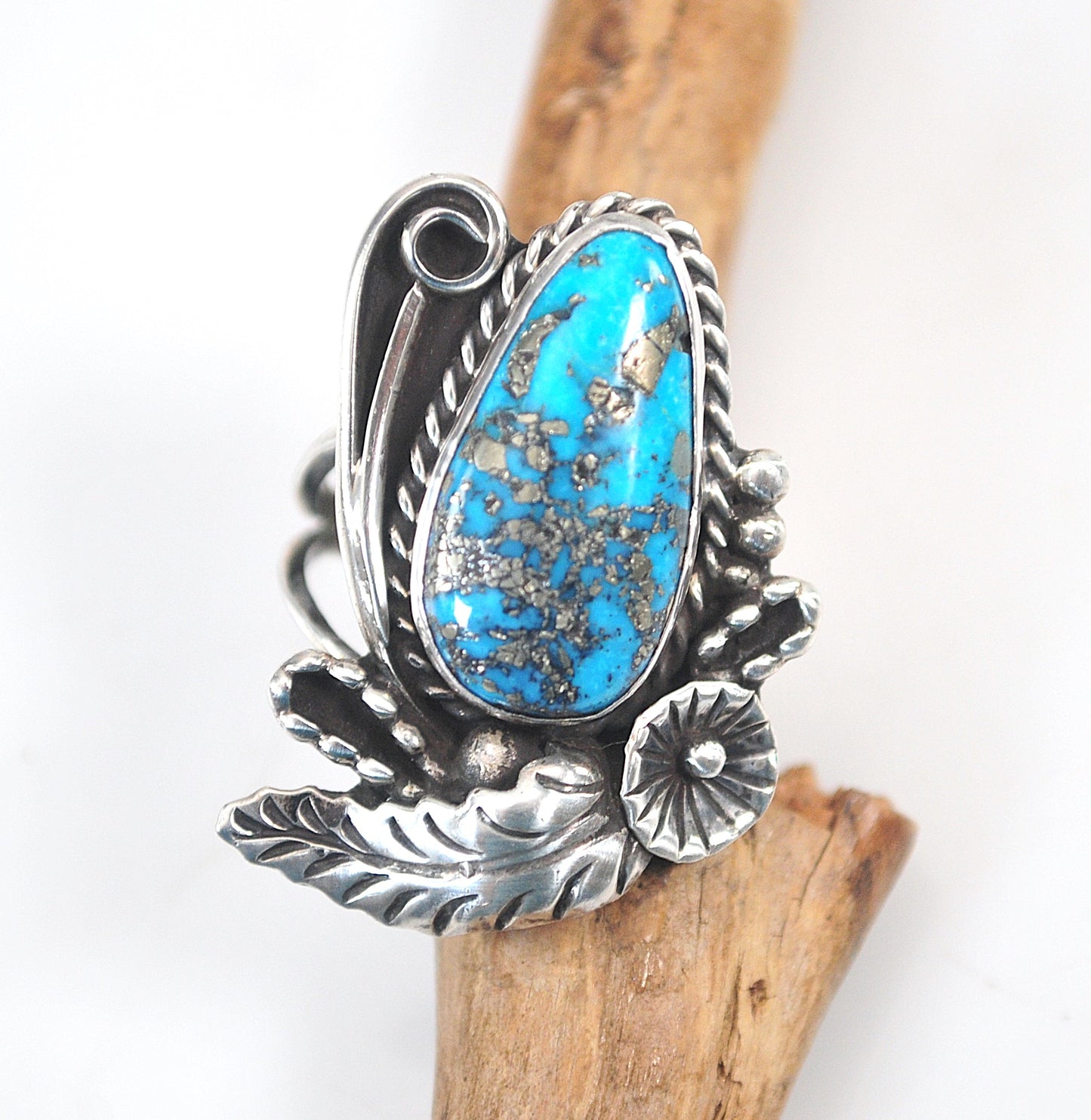Large Navajo Sterling Silver Turquoise with Pyrite Ring