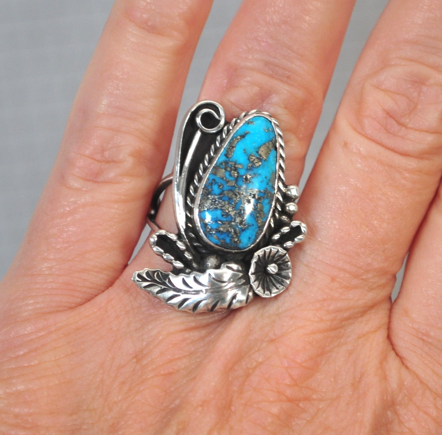 Large Navajo Sterling Silver Turquoise with Pyrite Ring