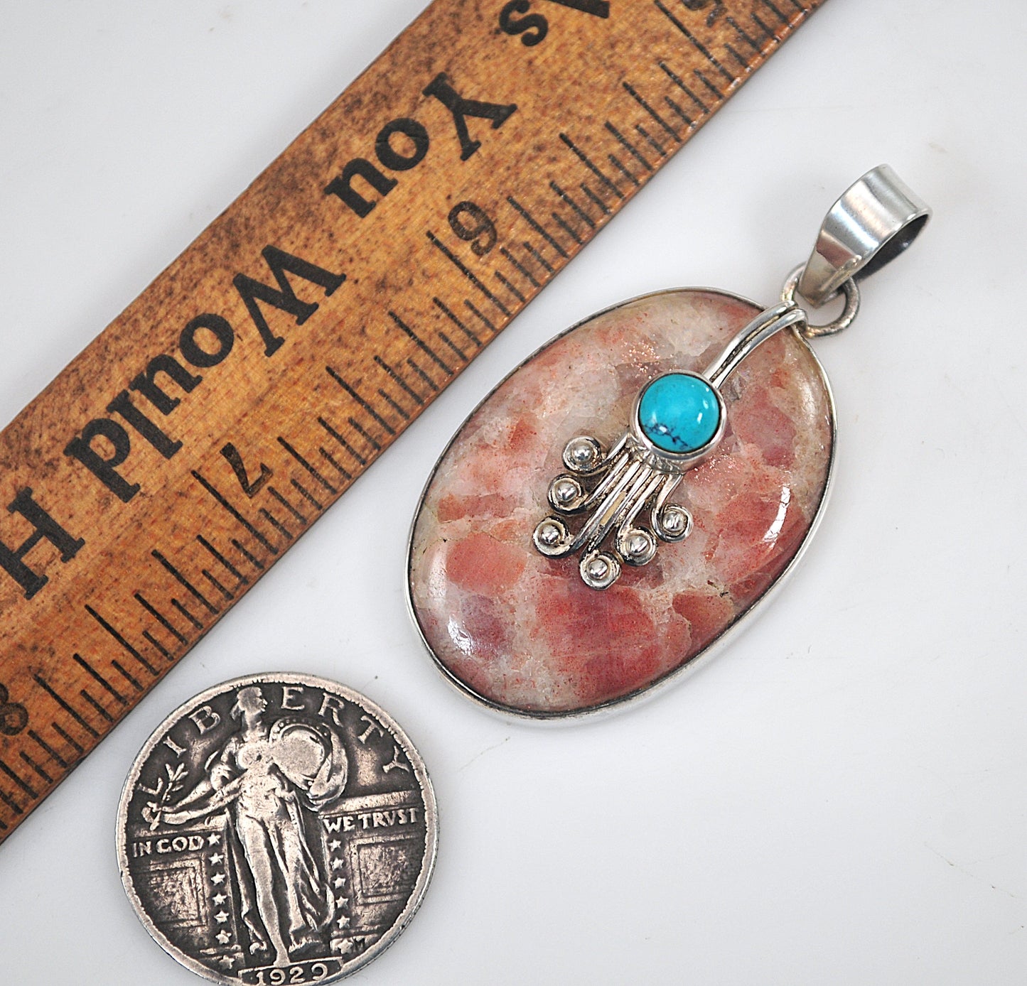 Vintage Sterling Silver Sunstone and Turquoise Pendant