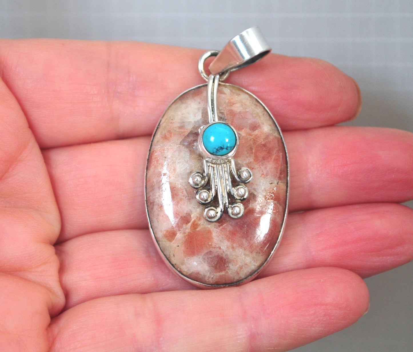 Vintage Sterling Silver Sunstone and Turquoise Pendant