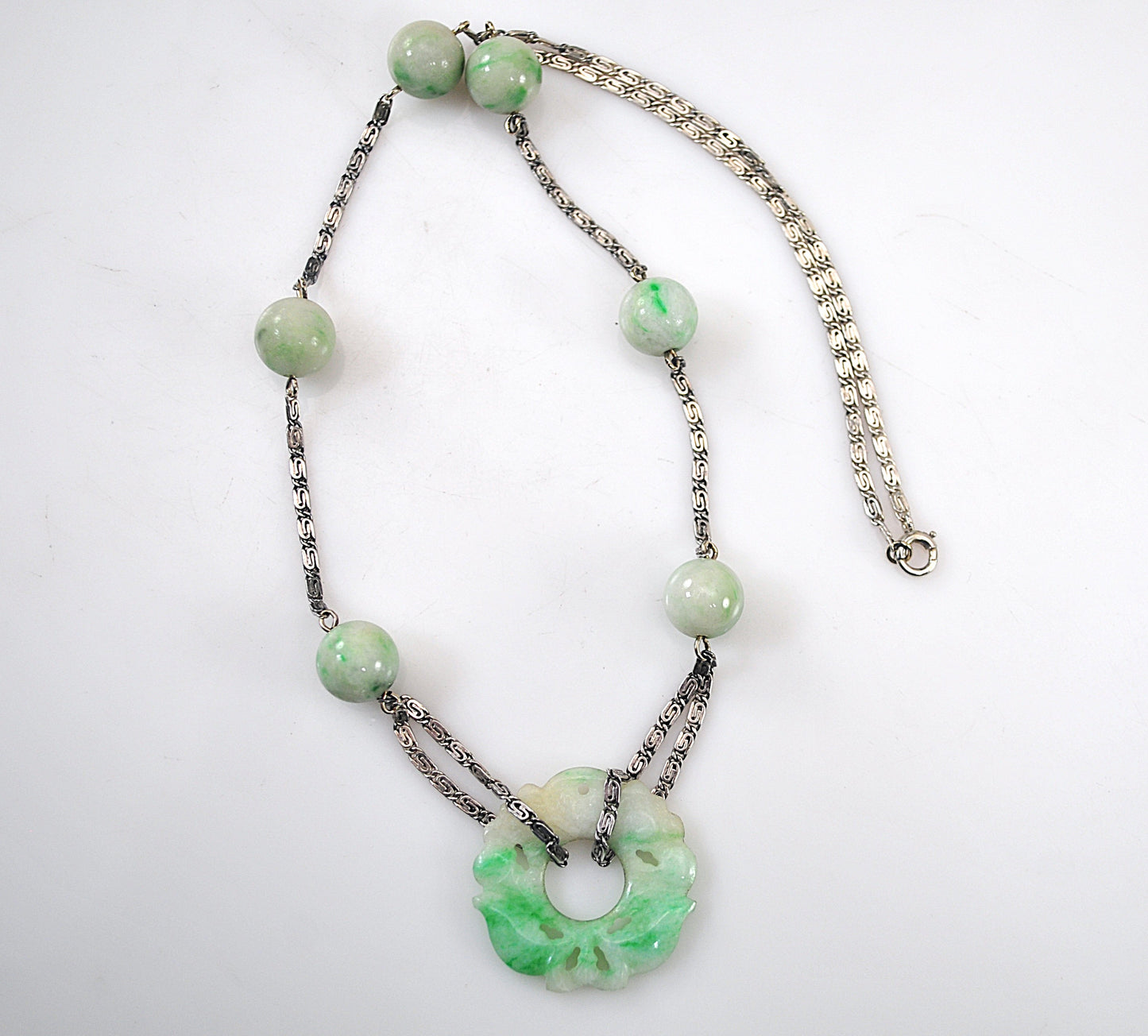 Vintage Sterling Silver Carved Jade Necklace