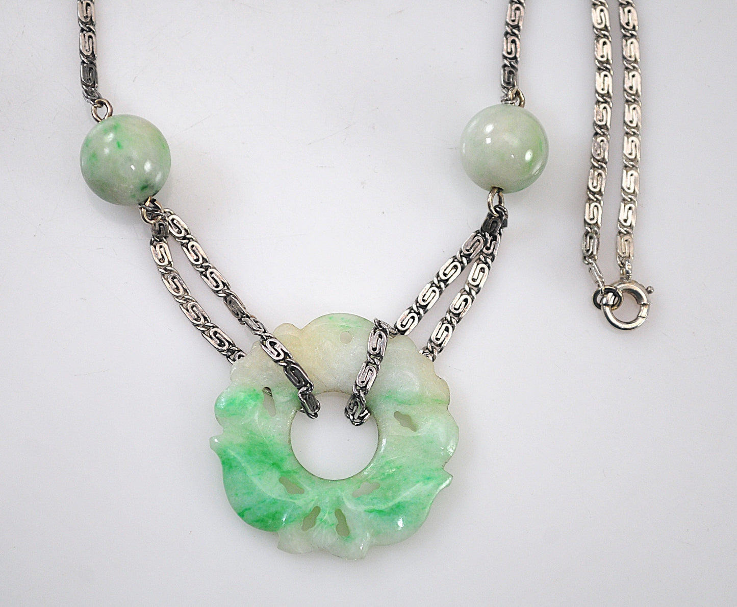 Vintage Sterling Silver Carved Jade Necklace