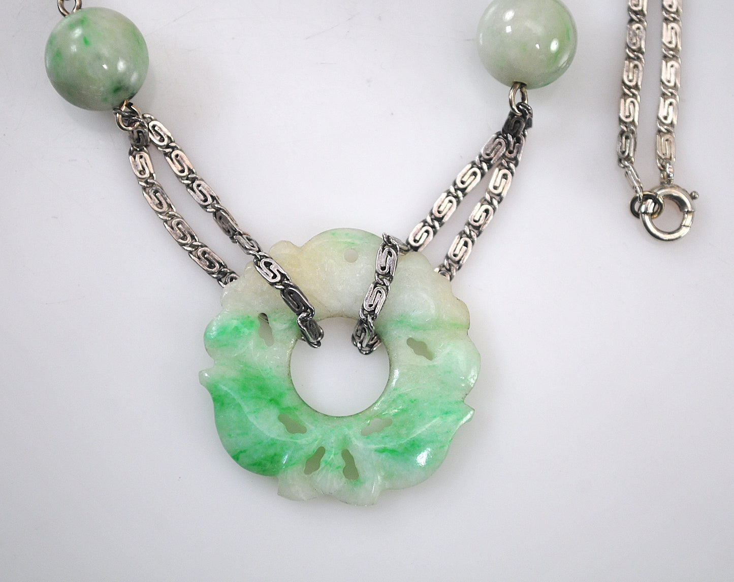 Vintage Sterling Silver Carved Jade Necklace