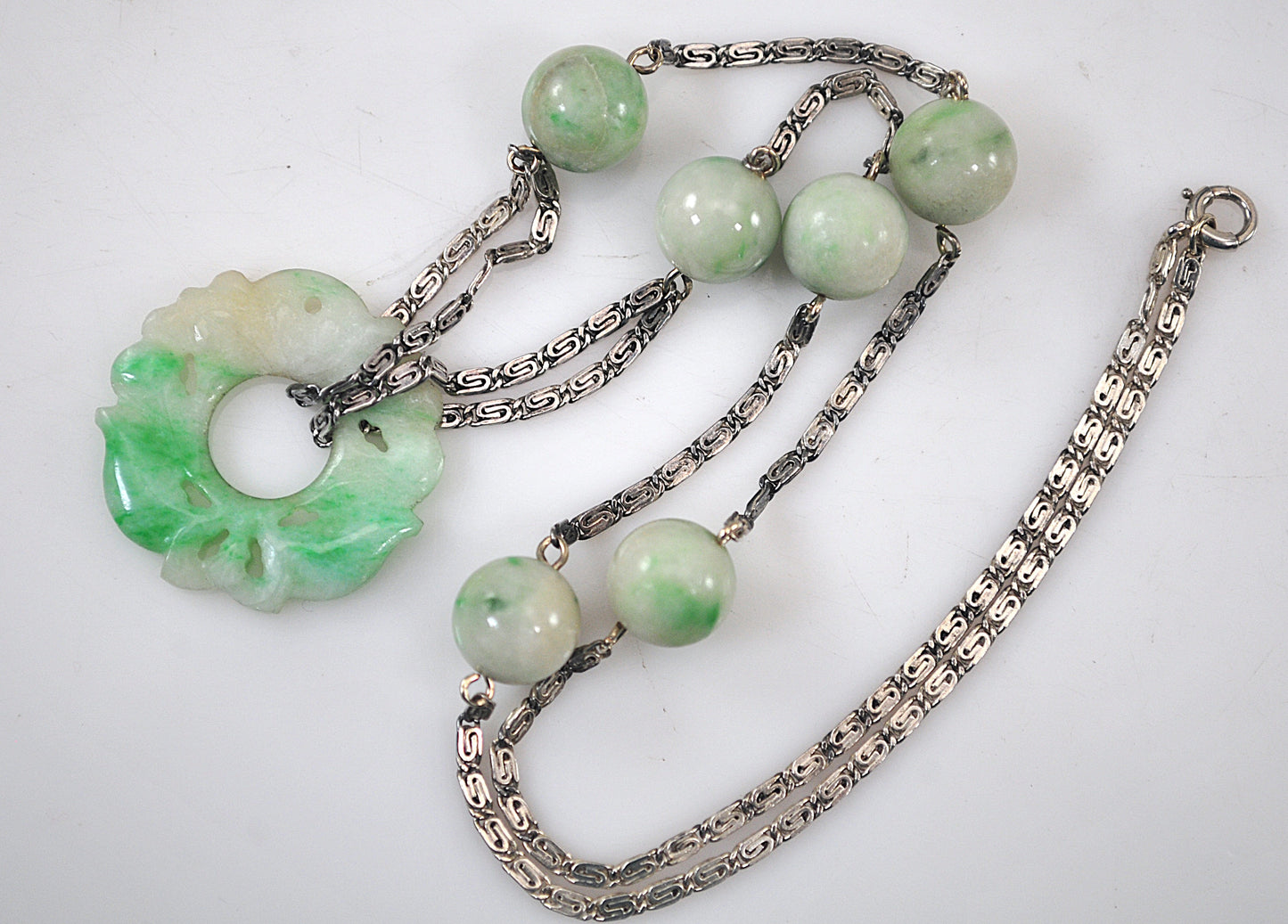Vintage Sterling Silver Carved Jade Necklace