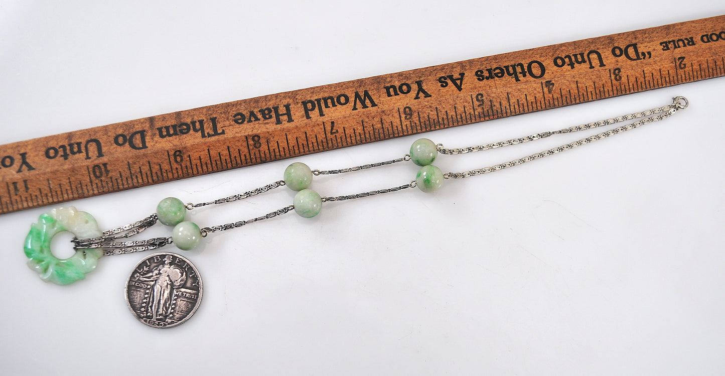 Vintage Sterling Silver Carved Jade Necklace