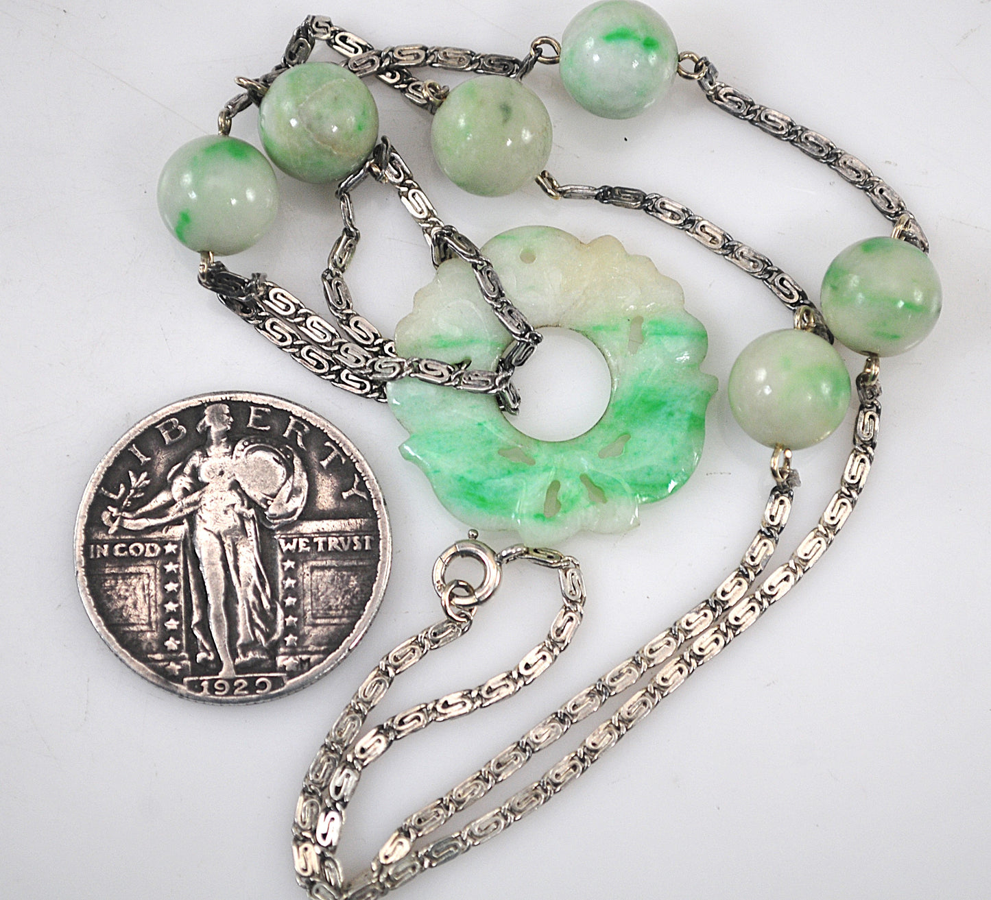 Vintage Sterling Silver Carved Jade Necklace
