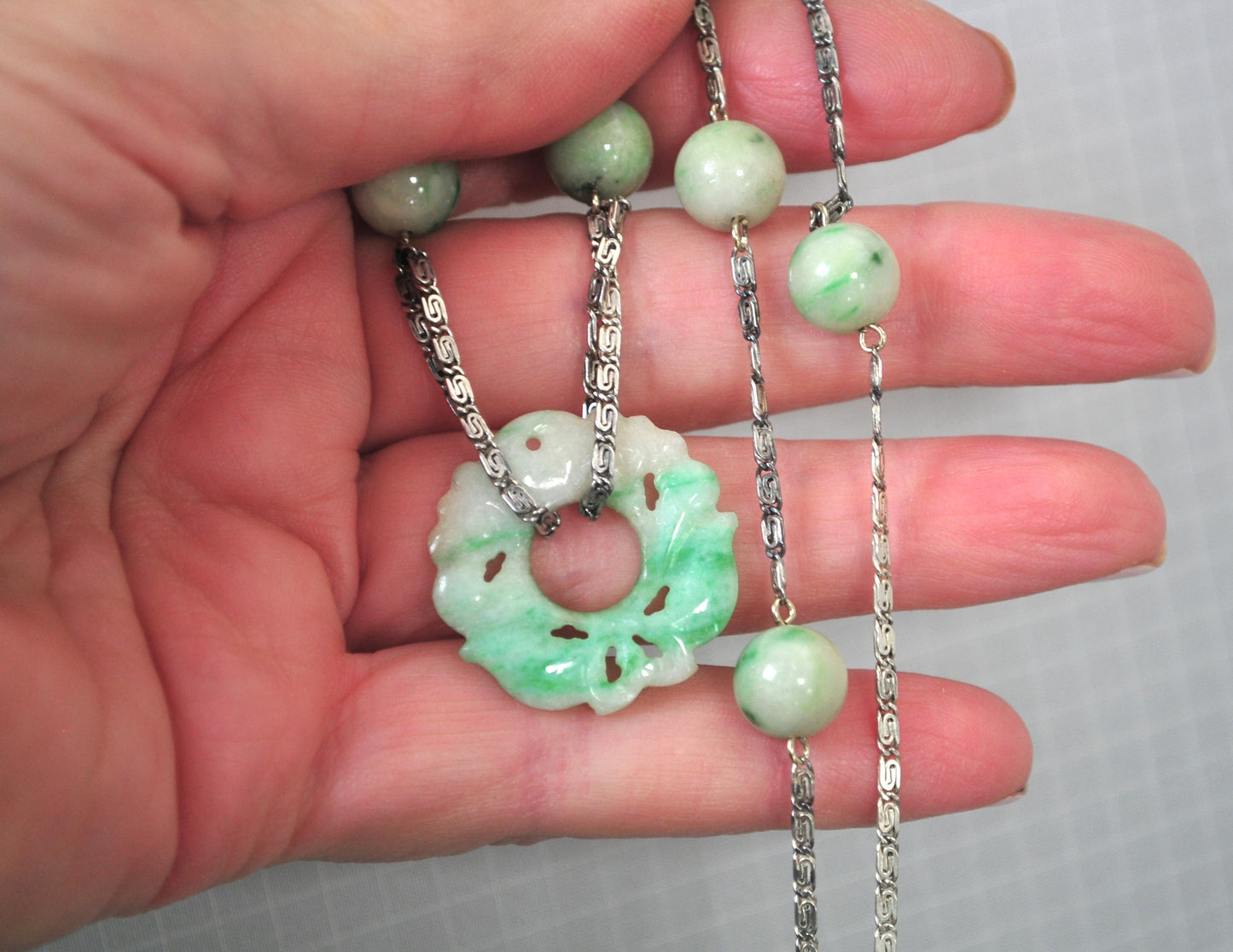 Vintage Sterling Silver Carved Jade Necklace