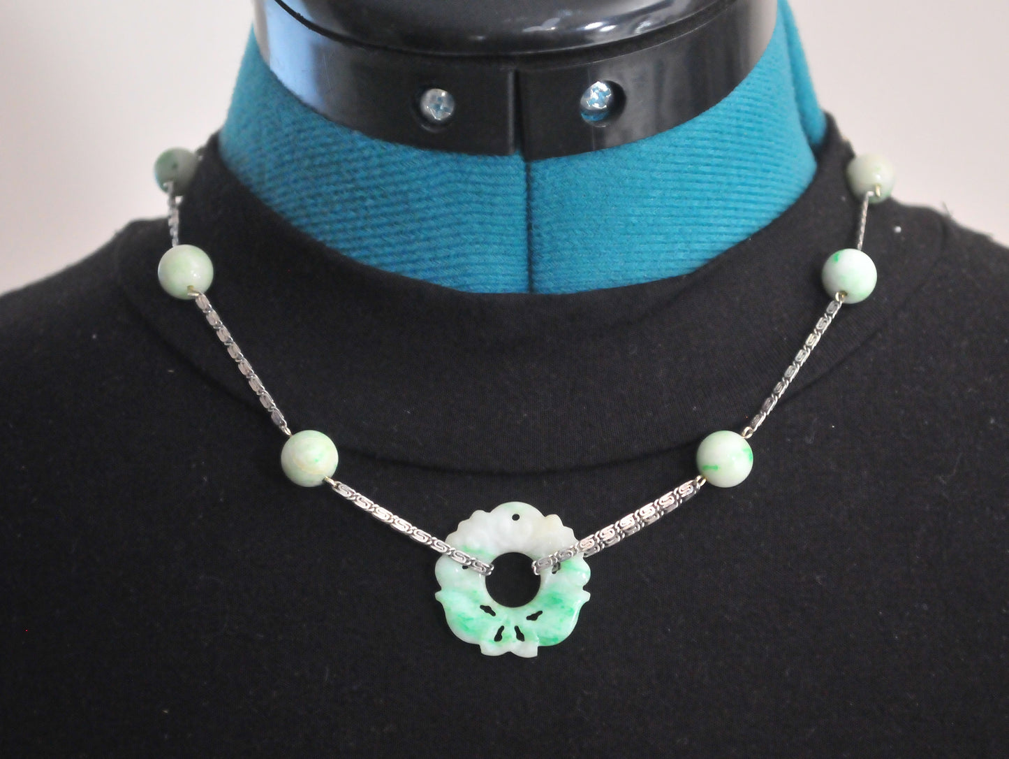 Vintage Sterling Silver Carved Jade Necklace