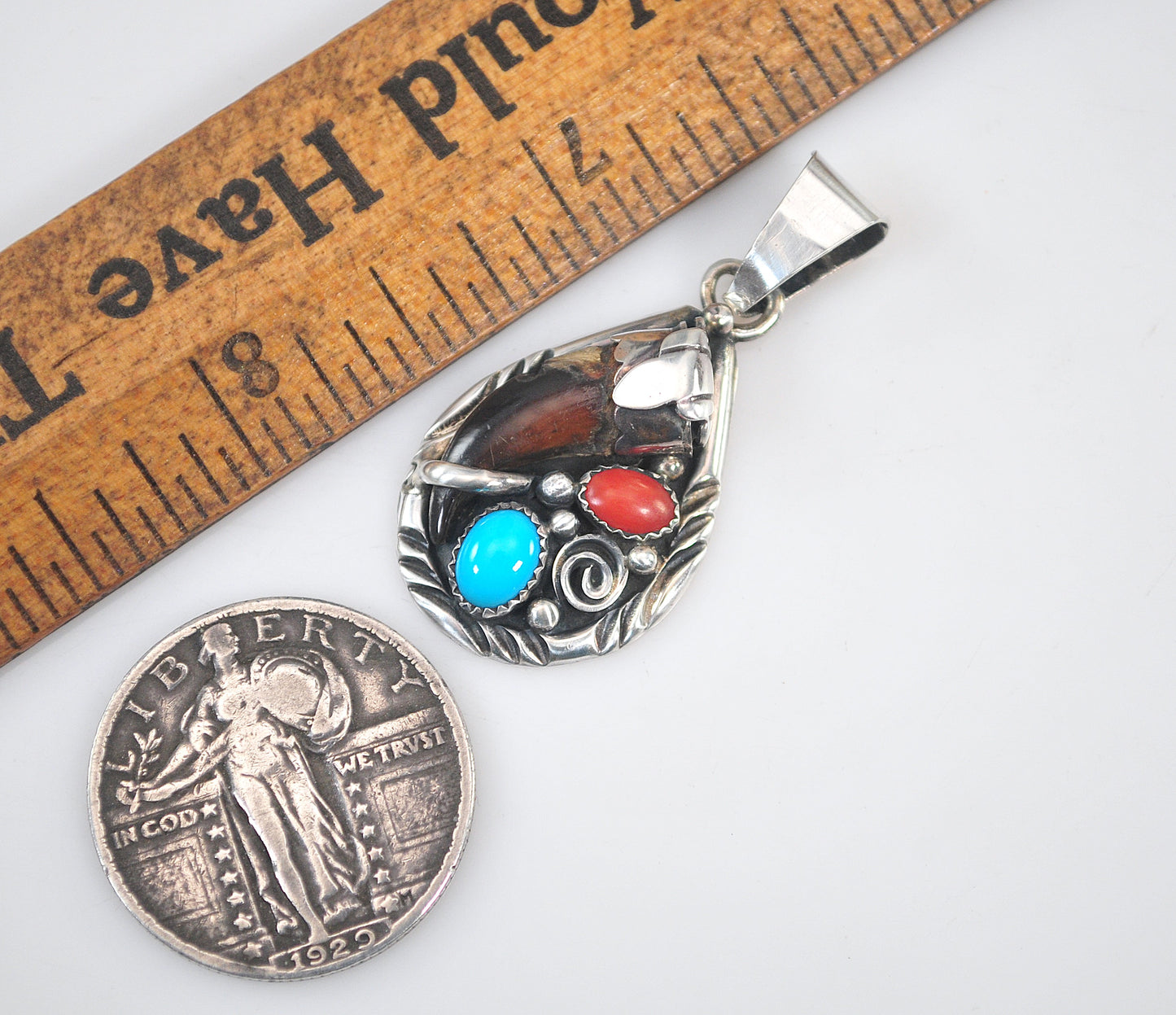 Southwestern Sterling Silver Turquoise Coral Faux Bear Claw Pendant