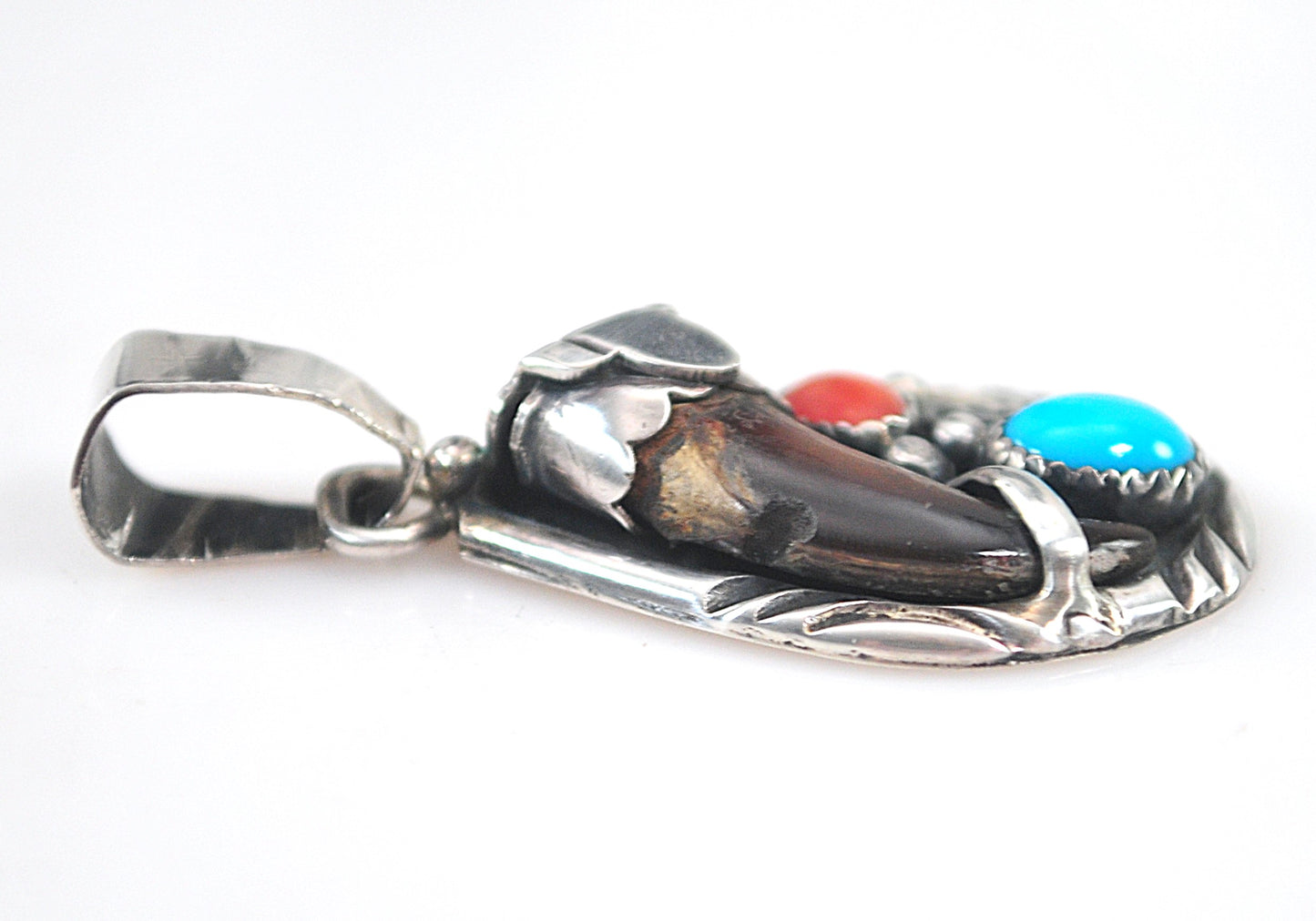 Southwestern Sterling Silver Turquoise Coral Faux Bear Claw Pendant