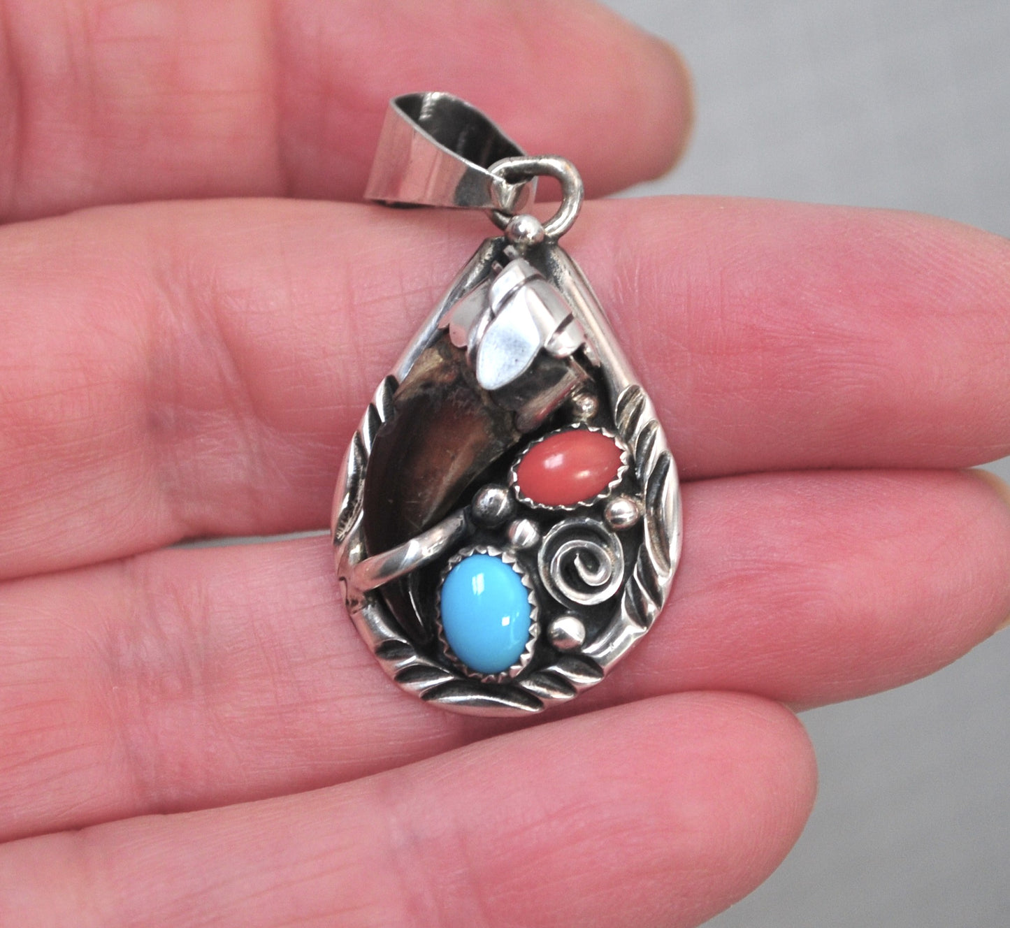 Southwestern Sterling Silver Turquoise Coral Faux Bear Claw Pendant