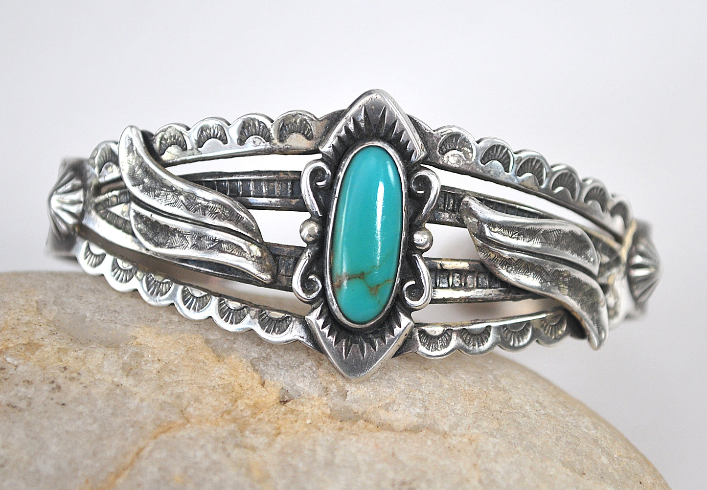 Bell Trading Post Sterling Silver Fred Harvey Era Turquoise Cuff Bracelet