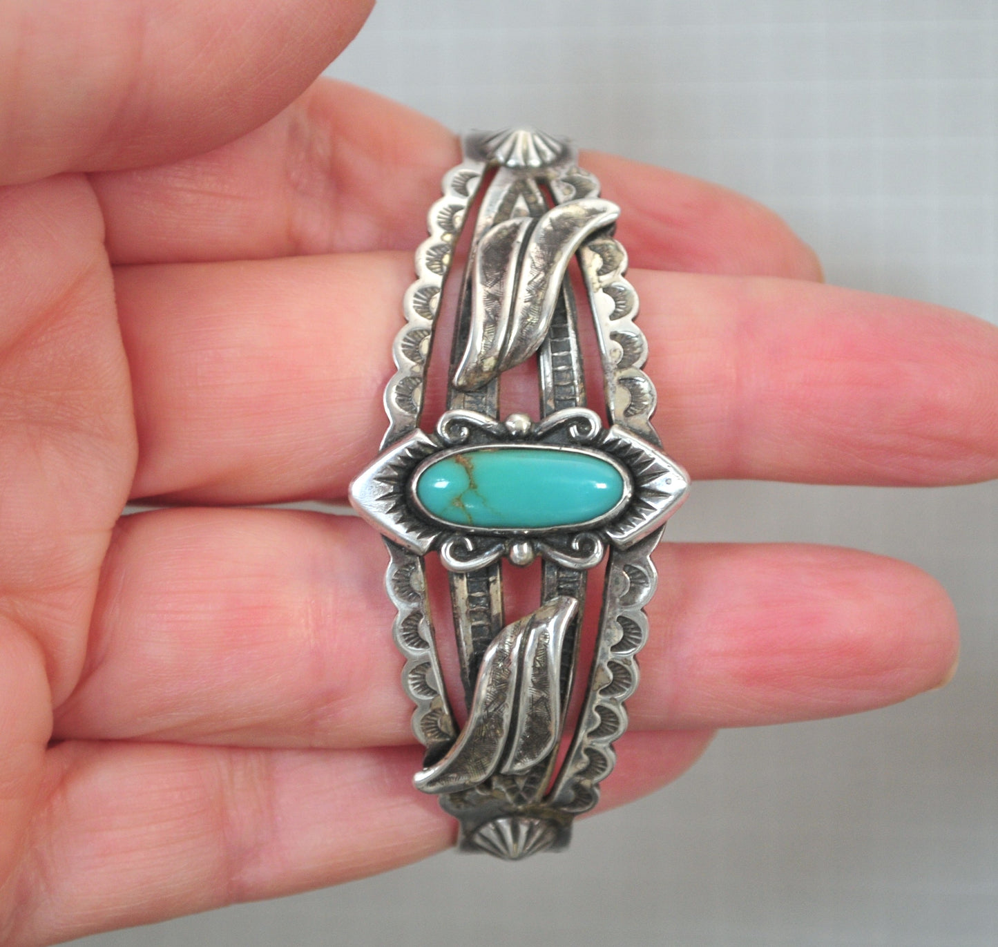 Bell Trading Post Sterling Silver Fred Harvey Era Turquoise Cuff Bracelet