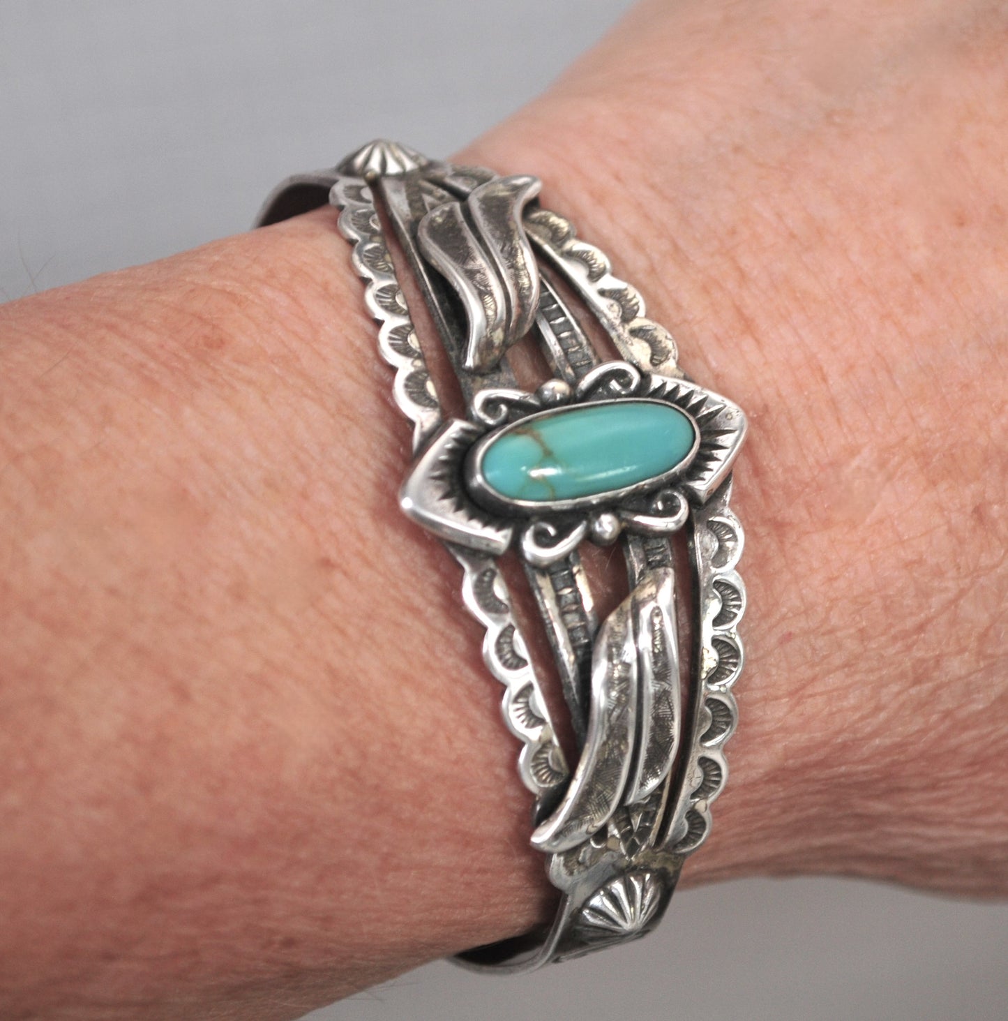 Bell Trading Post Sterling Silver Fred Harvey Era Turquoise Cuff Bracelet