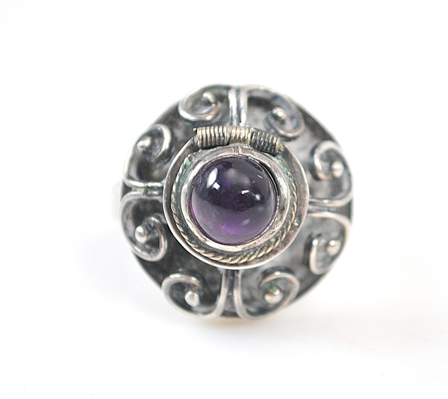 Old Mexico 925 Sterling Silver Amethyst Poison Ring