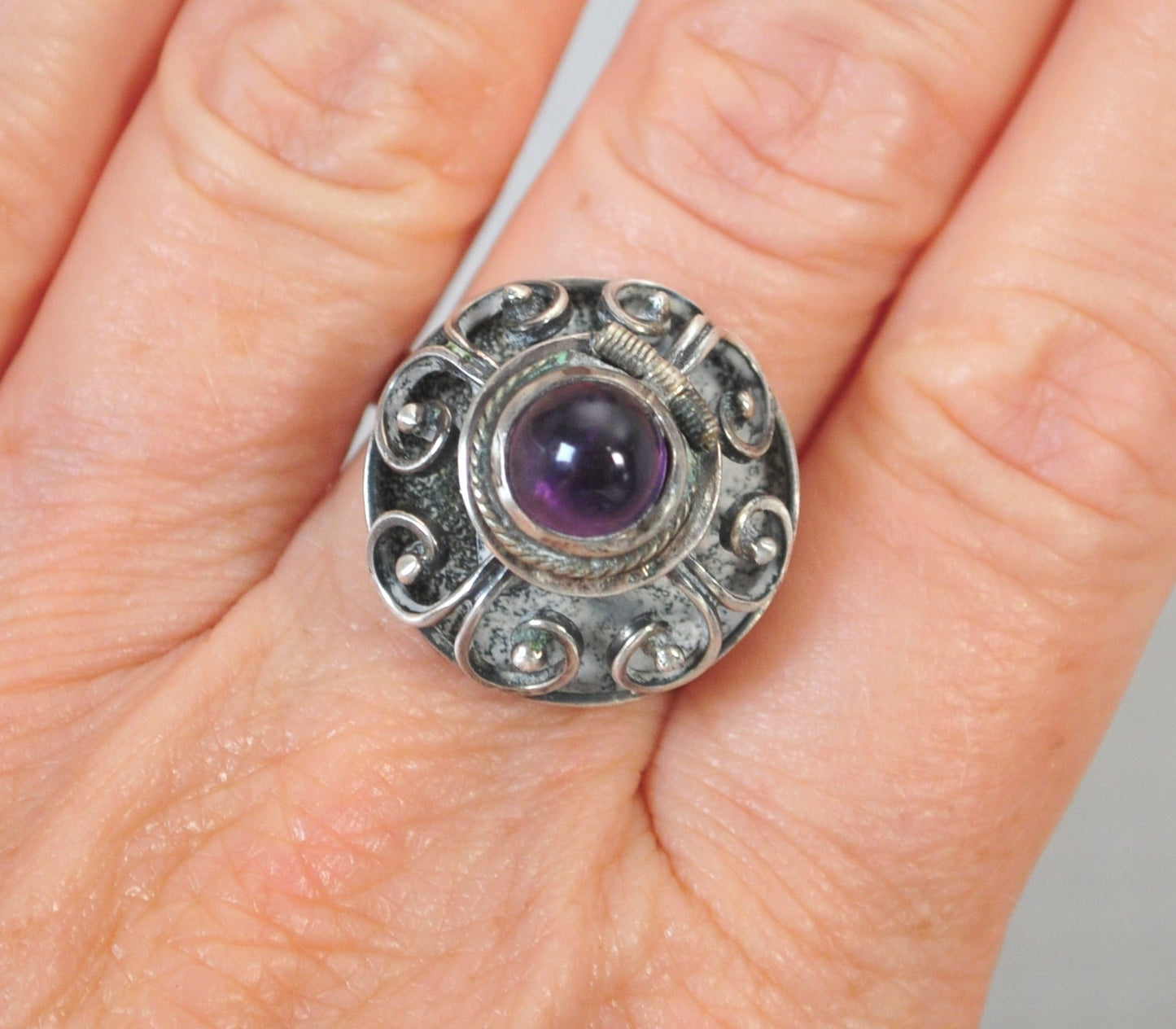 Old Mexico 925 Sterling Silver Amethyst Poison Ring